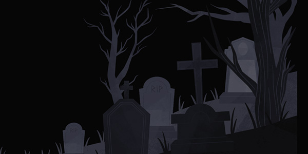 Graphic image with a black background and small grey headstones.